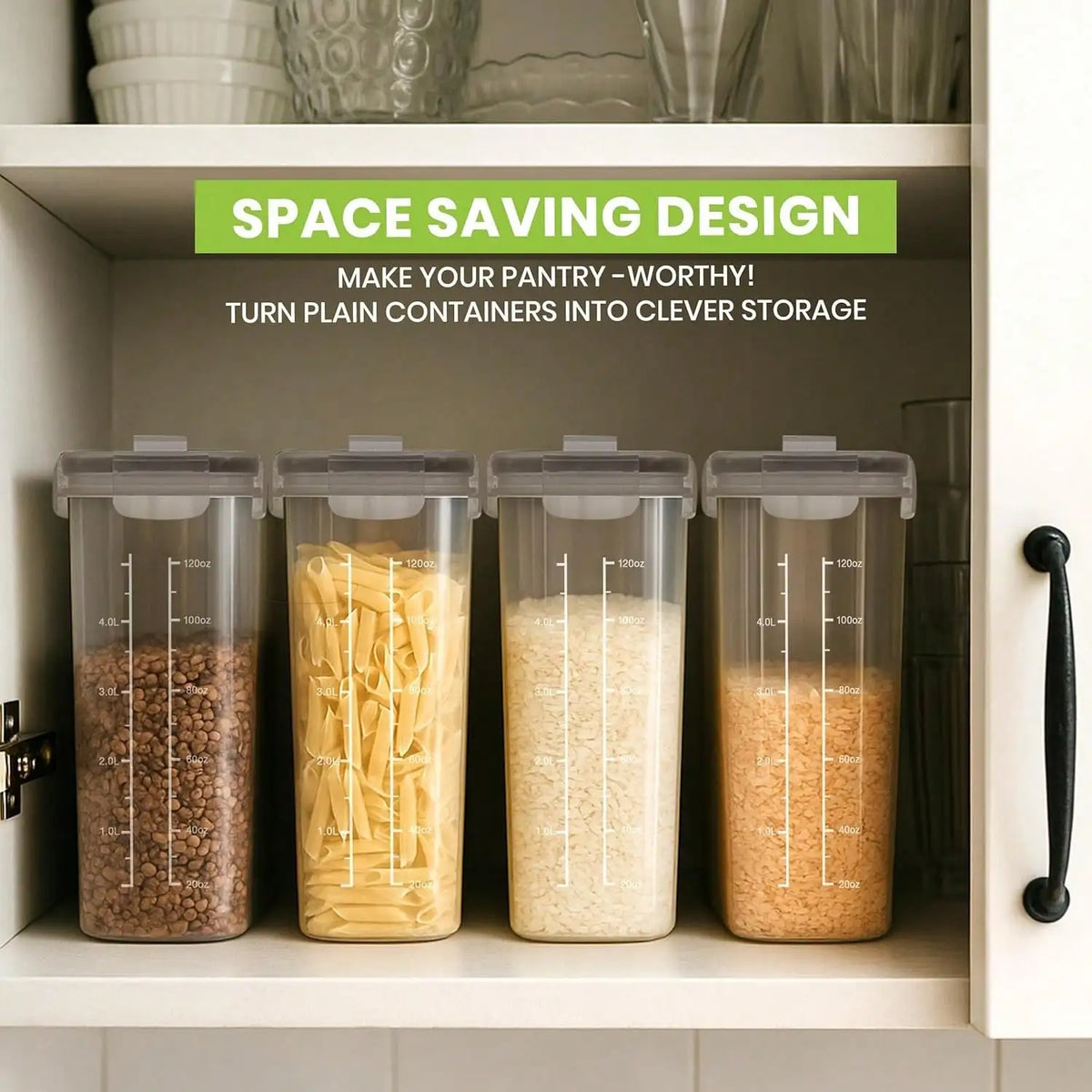 4-Pack Airtight Cereal Storage Containers, 4L 135oz Clear Acrylic Canisters with Black Flip-Top Lids, Scoop and Labels - product view 5