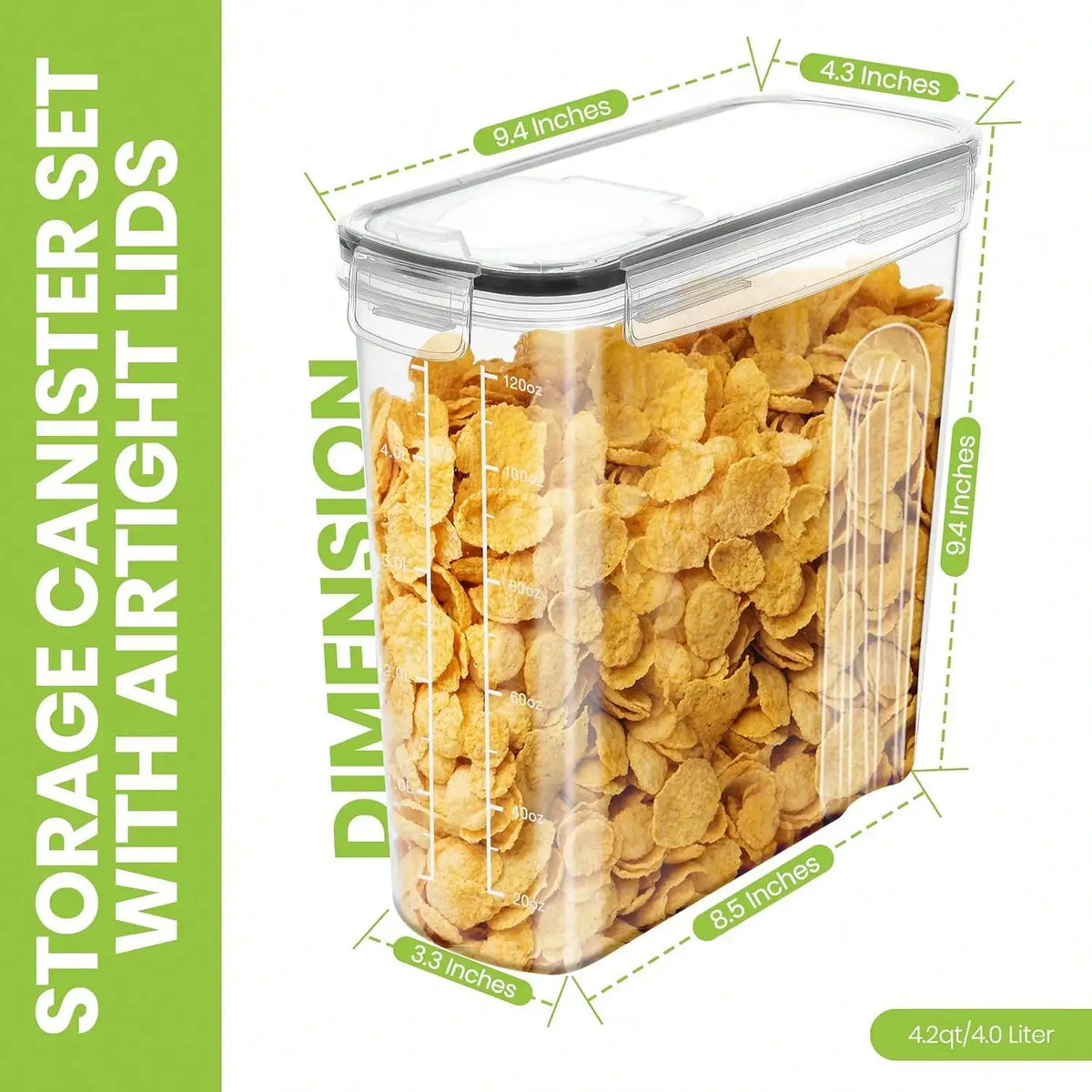 4-Pack Airtight Cereal Storage Containers, 4L 135oz Clear Acrylic Canisters with Black Flip-Top Lids, Scoop and Labels - product view 6