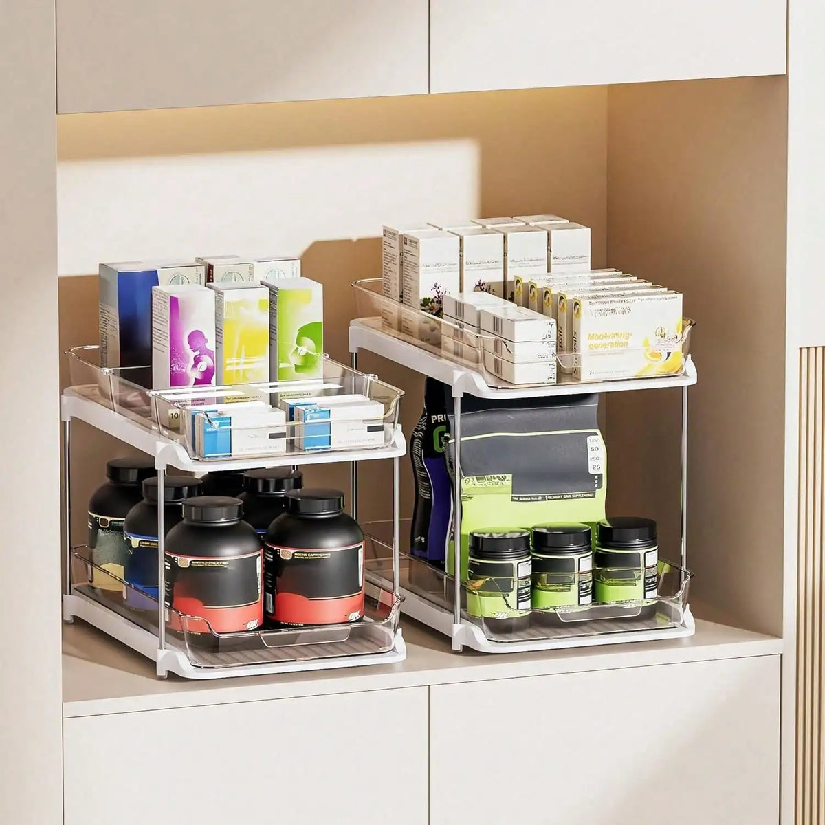 2-Tier Pull-Out Cabinet Organizer, Sliding Drawers, Stackable Storage and Stainless Steel Support Rods for Kitchen or Bathroom - product view 1
