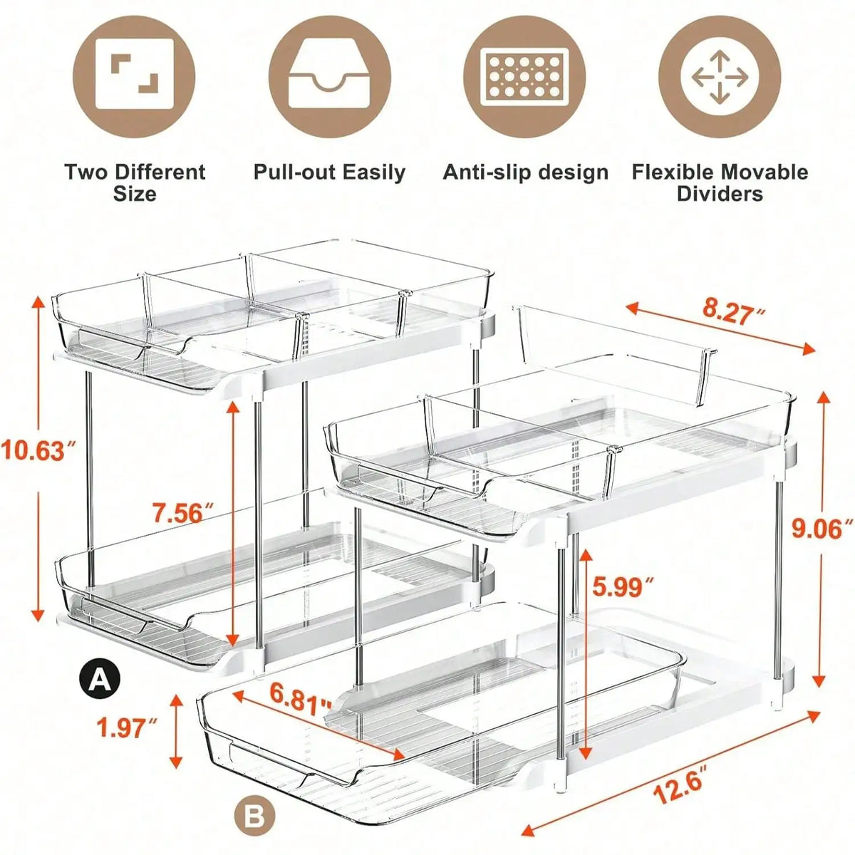 2-Tier Pull-Out Cabinet Organizer, Sliding Drawers, Stackable Storage and Stainless Steel Support Rods for Kitchen or Bathroom - product view 2