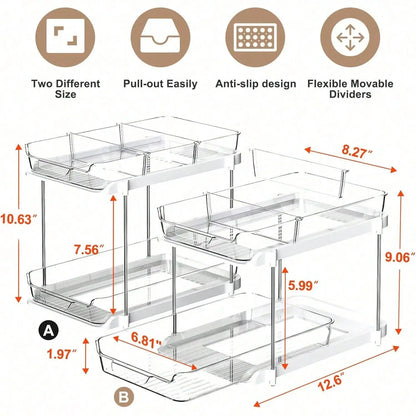 2-Tier Pull-Out Cabinet Organizer, Sliding Drawers, Stackable Storage and Stainless Steel Support Rods for Kitchen or Bathroom - product view 2