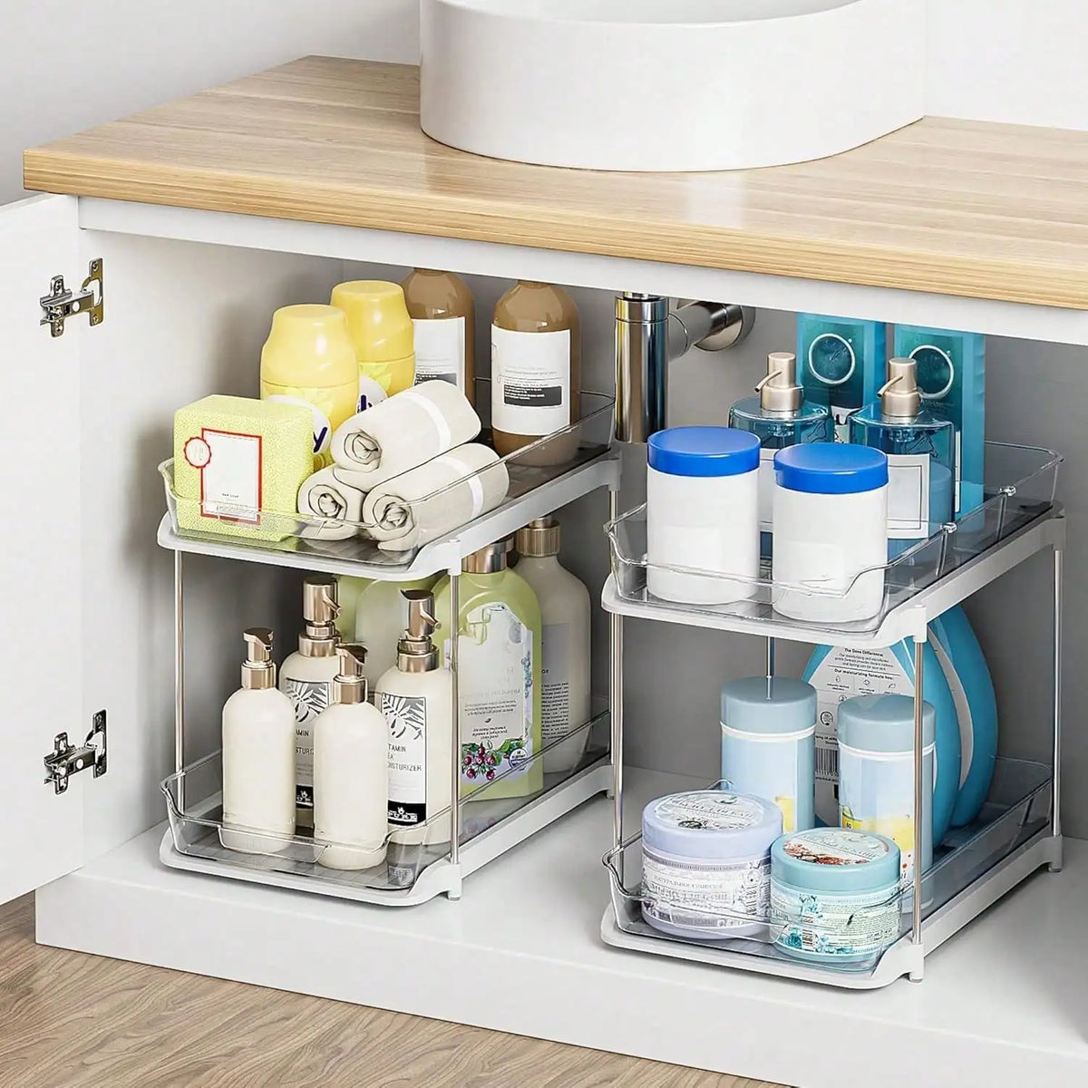2-Tier Pull-Out Cabinet Organizer, Sliding Drawers, Stackable Storage and Stainless Steel Support Rods for Kitchen or Bathroom - product view 4