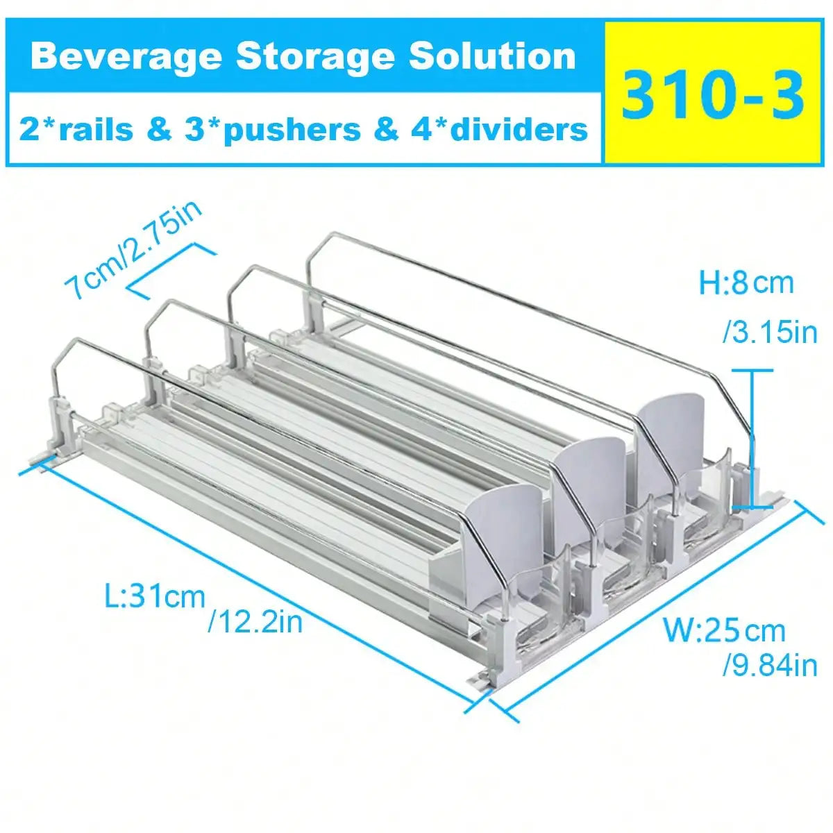 Refrigerator Can Organizer, Spring-Loaded Pusher Beverage Rack with Plastic Holder and 310 mm Options, 3 to 5 Sets for Pantry - product view 1