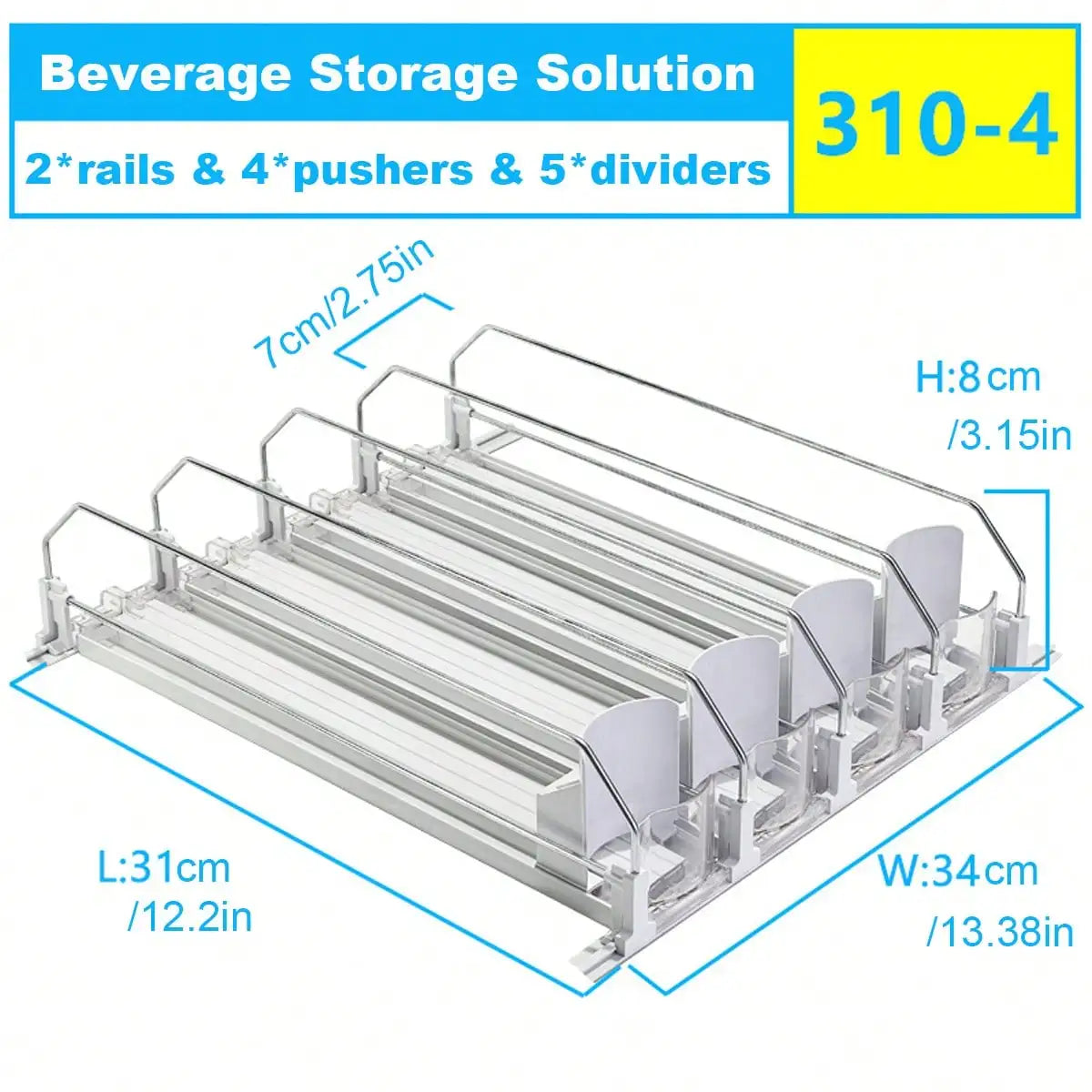 Refrigerator Can Organizer, Spring-Loaded Pusher Beverage Rack with Plastic Holder and 310 mm Options, 3 to 5 Sets for Pantry - product view 2