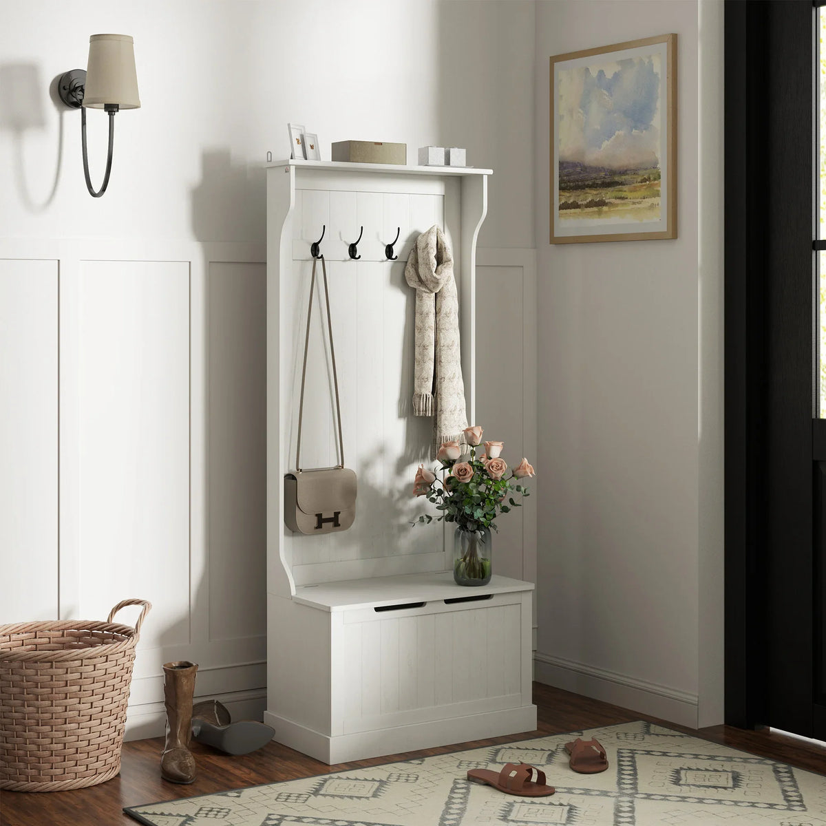 Entryway Hall Tree with Bench, Coat Hooks and Shoe Storage, MDF Wood Frame, Modern Home Organizer for Hallway or Mudroom - product view 2