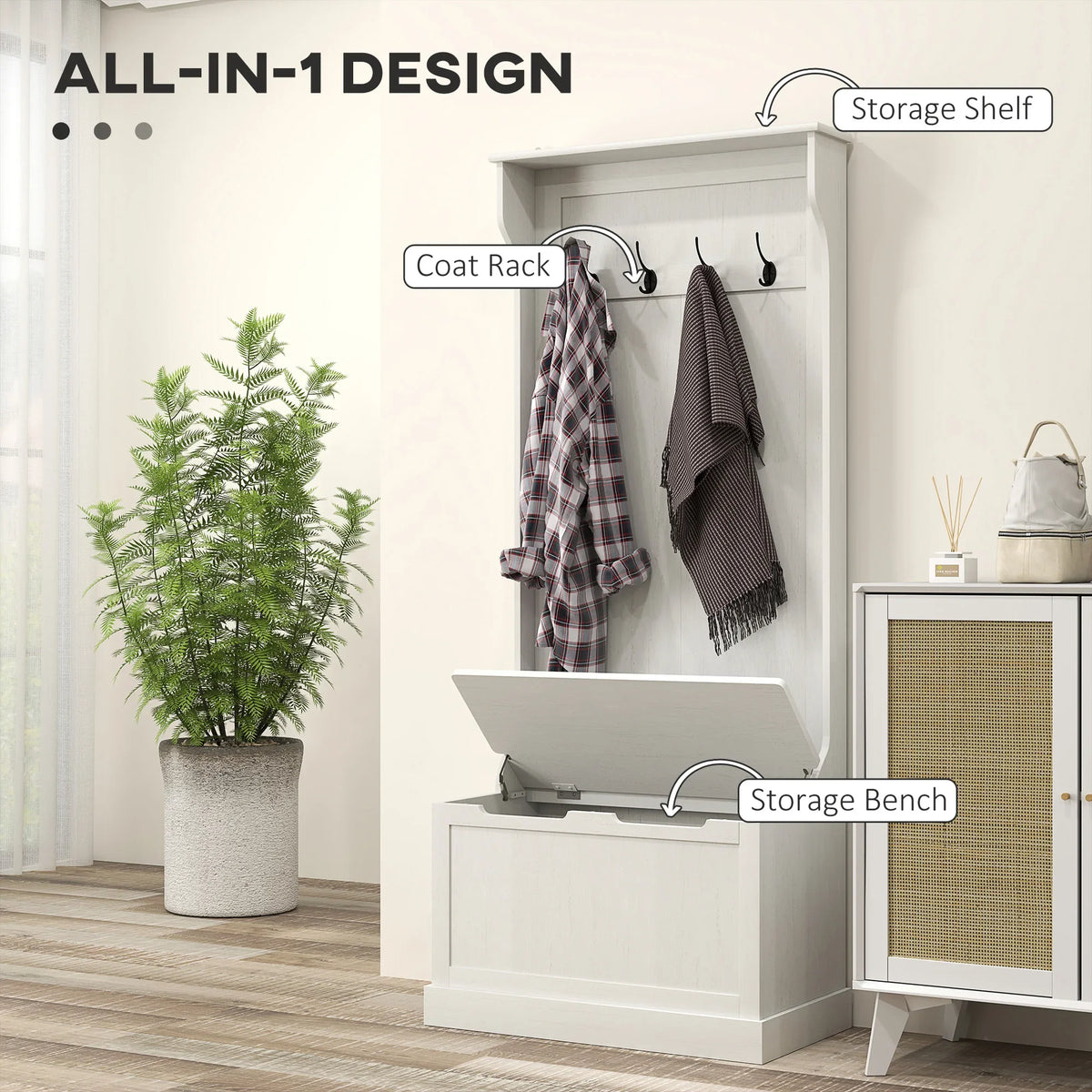 Entryway Hall Tree with Bench, Coat Hooks and Shoe Storage, MDF Wood Frame, Modern Home Organizer for Hallway or Mudroom - product view 4