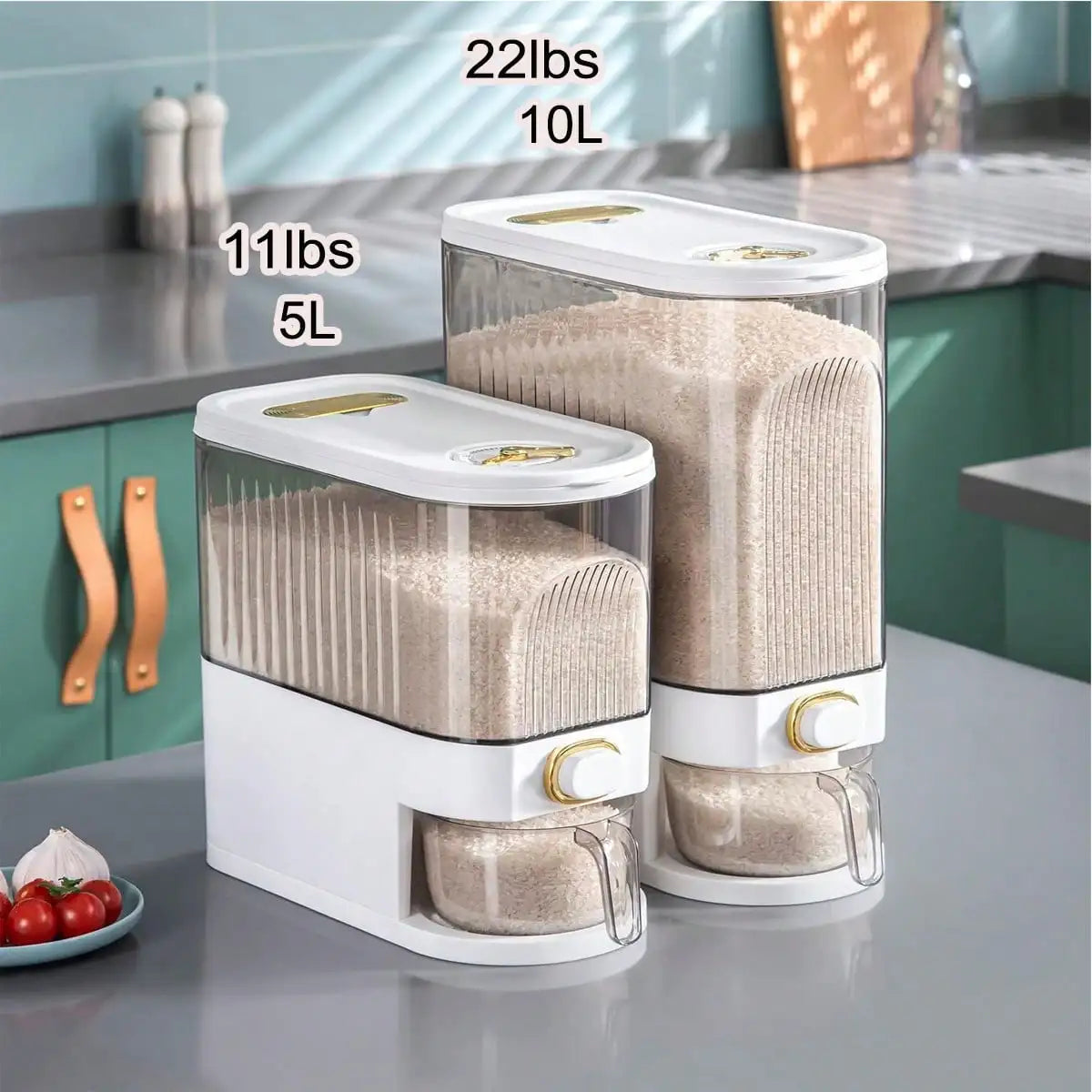 Rice Storage Container, Airtight Grain Dispenser with One-Touch Button and Measuring Cup, Acrylic Pantry Organizer - product view 1