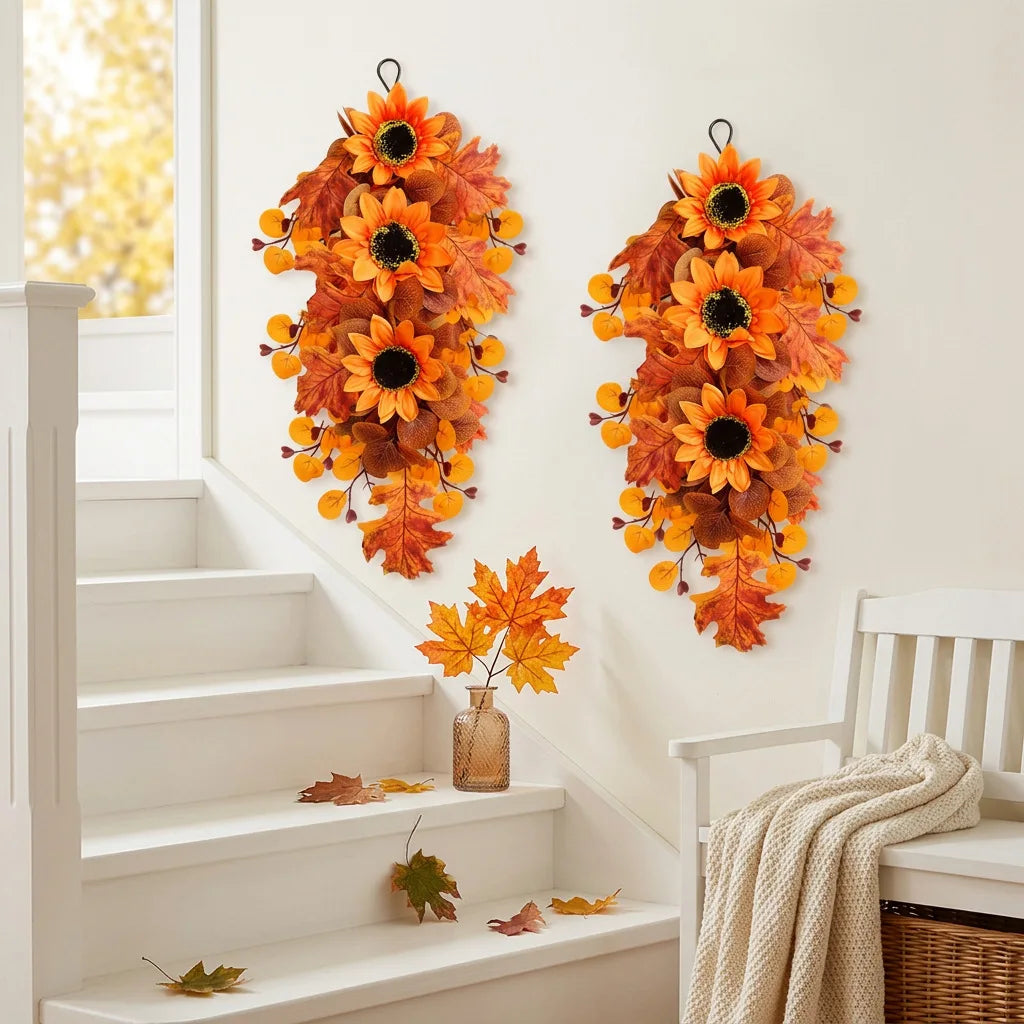 Halloween Wreath, Artificial Autumn Sunflower and Maple Leaf PVC Wall Decoration in Orange for Seasonal Home Décor - product view 1