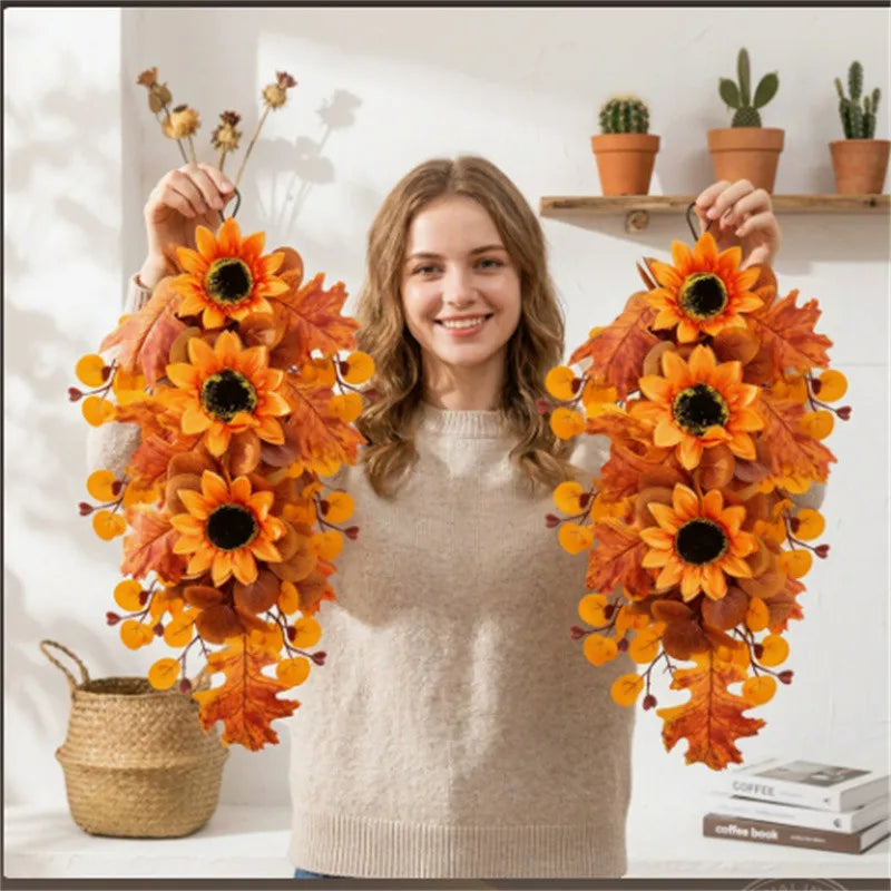 Halloween Wreath, Artificial Autumn Sunflower and Maple Leaf PVC Wall Decoration in Orange for Seasonal Home Décor - product view 2