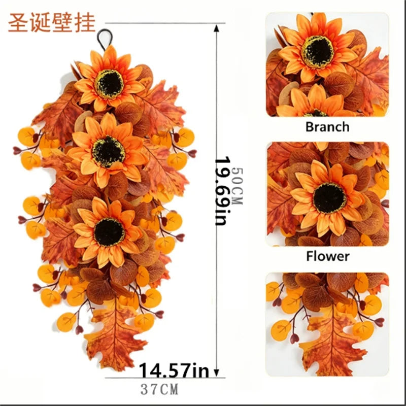 Halloween Wreath, Artificial Autumn Sunflower and Maple Leaf PVC Wall Decoration in Orange for Seasonal Home Décor - product view 3