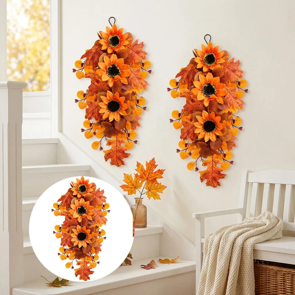 Halloween Wreath, Artificial Autumn Sunflower and Maple Leaf PVC Wall Decoration in Orange for Seasonal Home Décor - product view 4