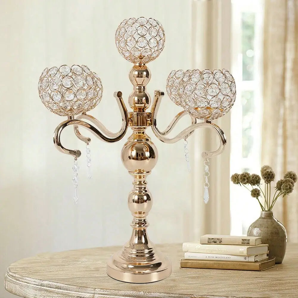 Gold-Plated 5-Arm Crystal Tabletop Candle Holder, Iron, Glass and Acrylic Candelabra with Round Base - product view 1