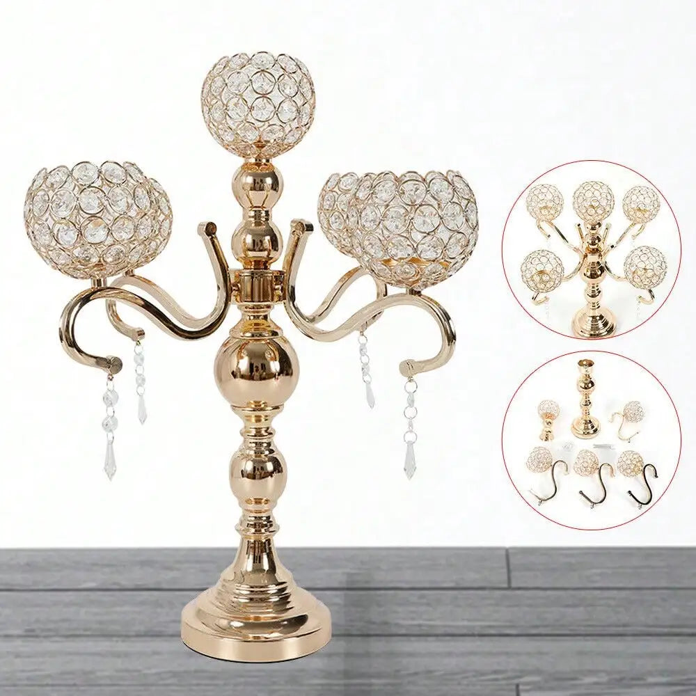 Gold-Plated 5-Arm Crystal Tabletop Candle Holder, Iron, Glass and Acrylic Candelabra with Round Base - product view 2