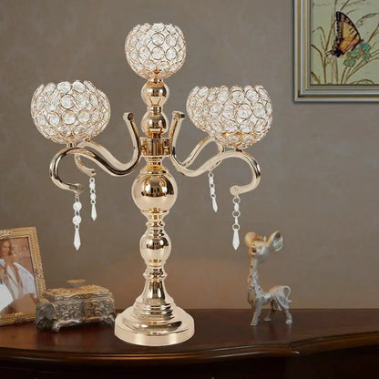 Gold-Plated 5-Arm Crystal Tabletop Candle Holder, Iron, Glass and Acrylic Candelabra with Round Base - product view 4