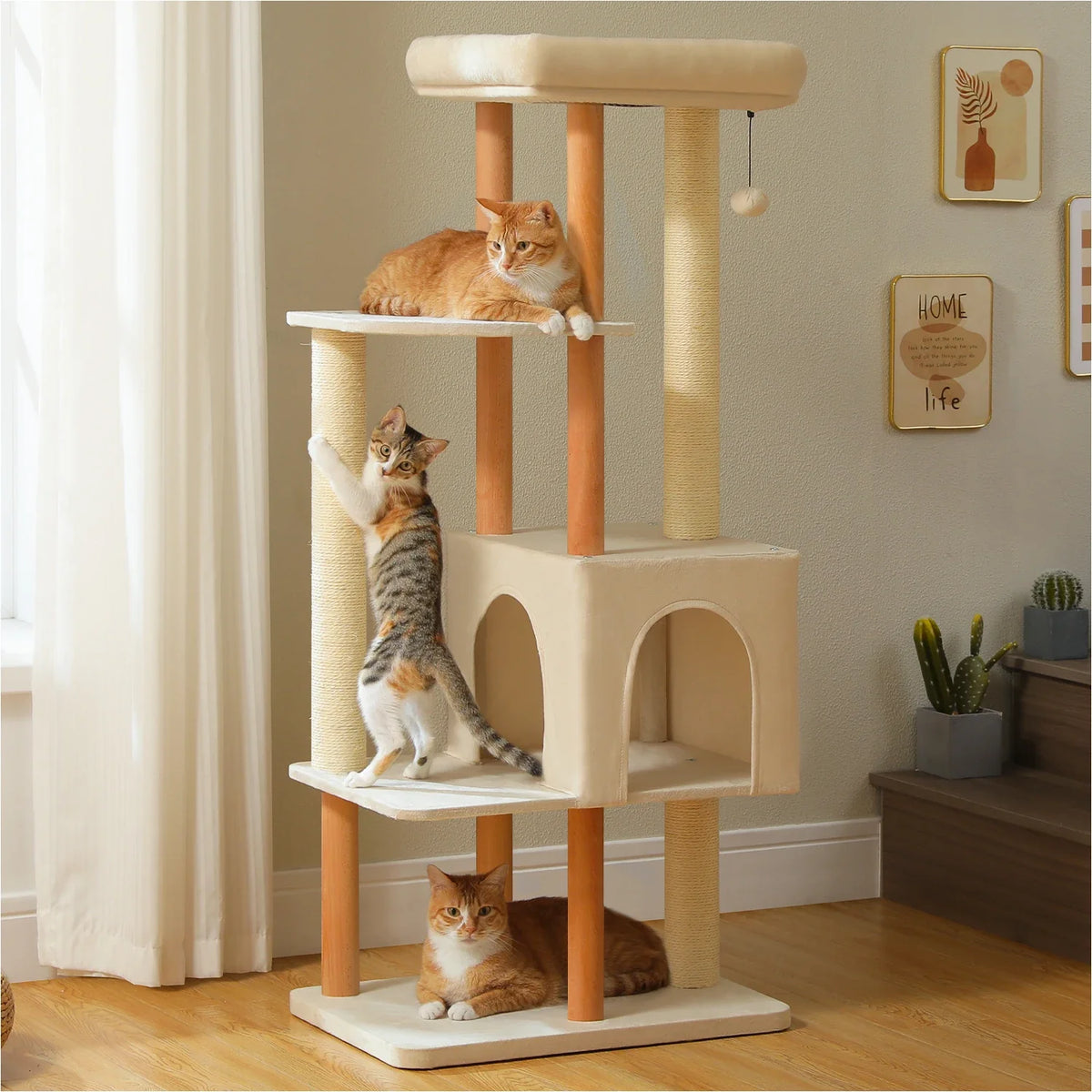 Large Wooden Cat Tree, 4-Tier Condo with Sisal Scratching Posts, Top Perch and Removable Cover for Indoor Cats - product view 3
