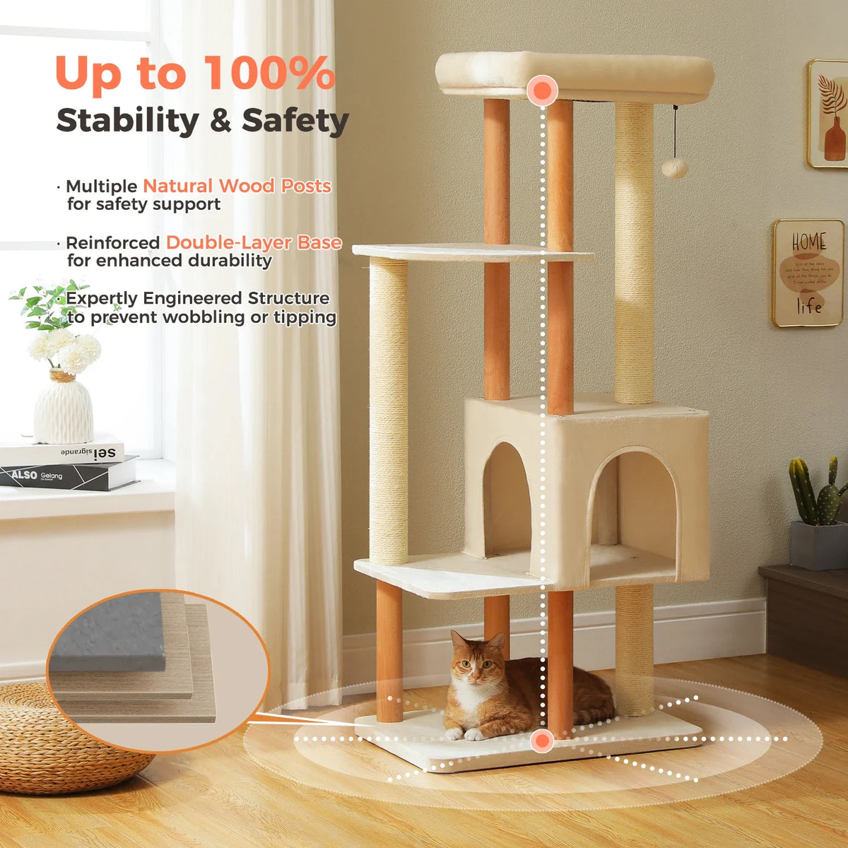 Large Wooden Cat Tree, 4-Tier Condo with Sisal Scratching Posts, Top Perch and Removable Cover for Indoor Cats - product view 4