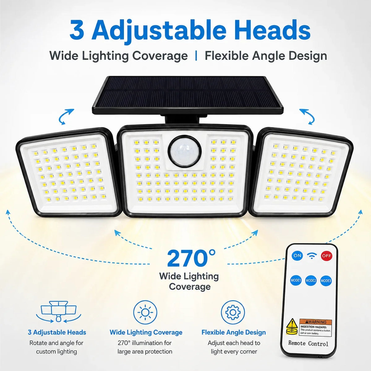 368LED Solar Outdoor Floodlight, Triple-Head Motion Sensor Security Light with Remote Control for Porch, Patio and Garden - product view 4