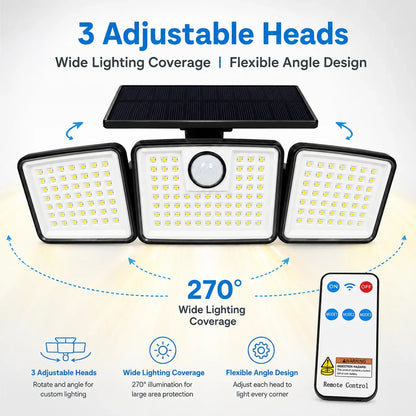 368LED Solar Outdoor Floodlight, Triple-Head Motion Sensor Security Light with Remote Control for Porch, Patio and Garden - product view 4