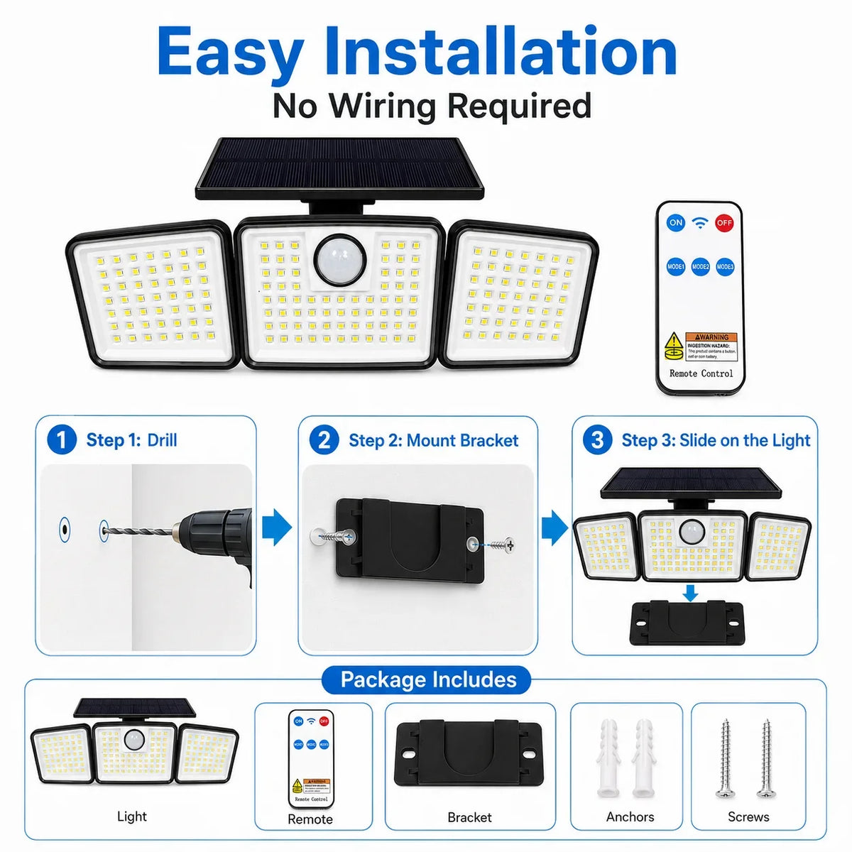 368LED Solar Outdoor Floodlight, Triple-Head Motion Sensor Security Light with Remote Control for Porch, Patio and Garden - product view 5
