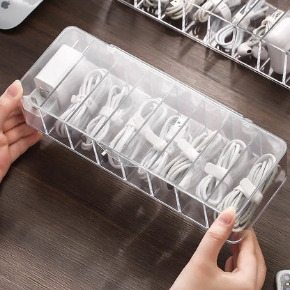 8-Grid Cable Storage Box, Transparent PP Desktop Organizer with Cover, Compact Charger and Accessory Holder - product view 1