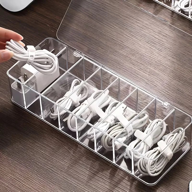 8-Grid Cable Storage Box, Transparent PP Desktop Organizer with Cover, Compact Charger and Accessory Holder - product view 4