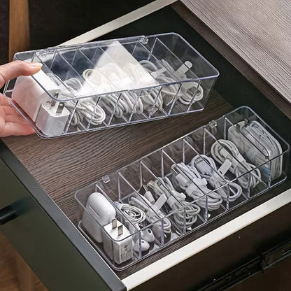 8-Grid Cable Storage Box, Transparent PP Desktop Organizer with Cover, Compact Charger and Accessory Holder - product view 5
