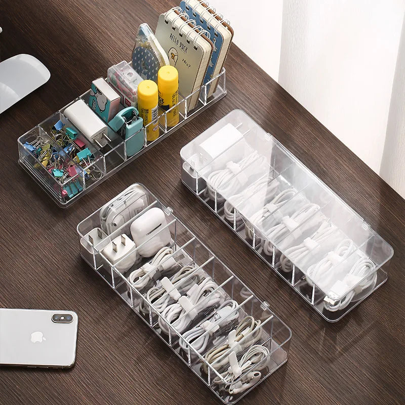 8-Grid Cable Storage Box, Transparent PP Desktop Organizer with Cover, Compact Charger and Accessory Holder - product view 6