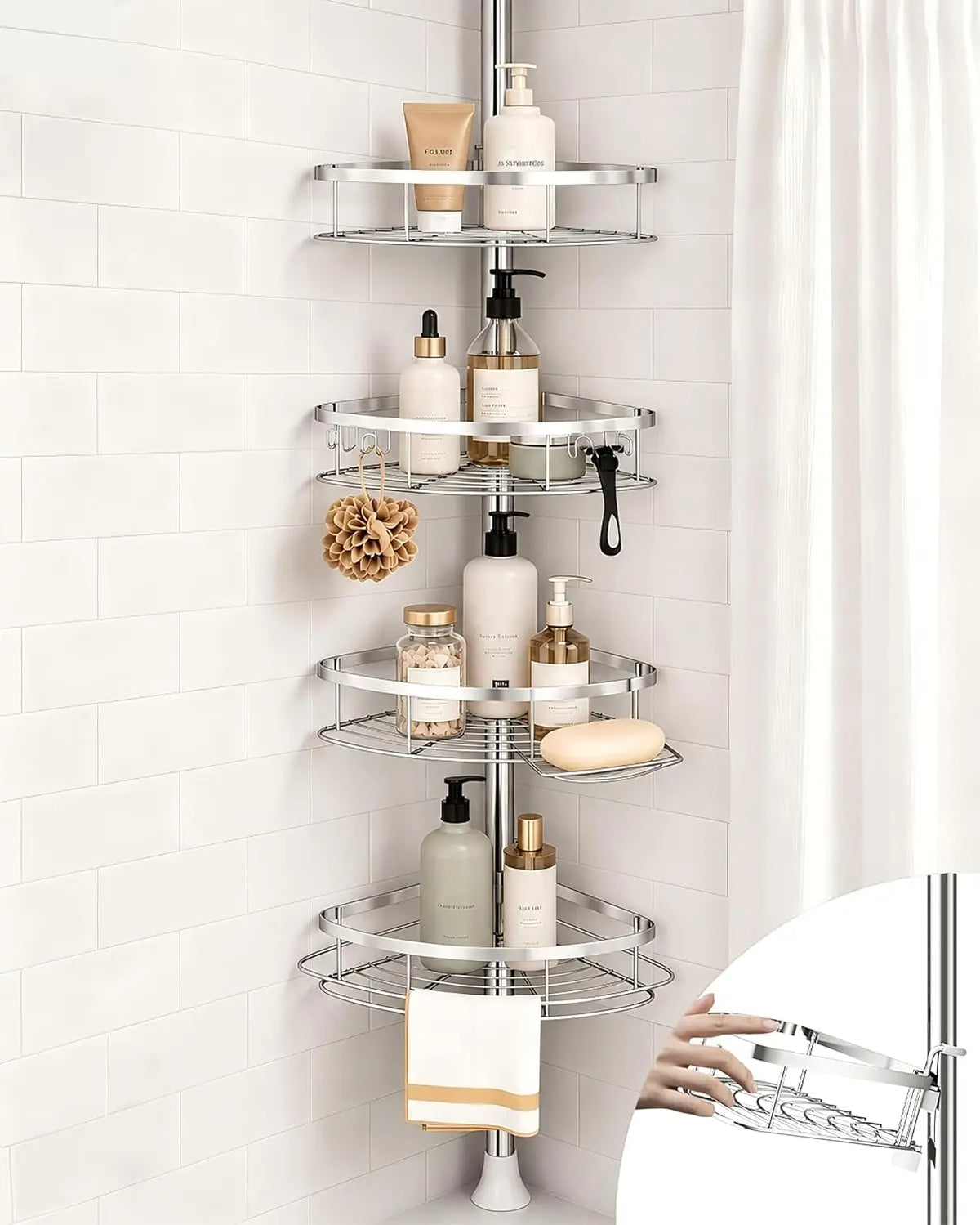 Adjustable Corner Shower Caddy, Rust-Resistant Tension Pole Organizer with Four Shelves for Shampoo and Bathroom Accessories - product view 1