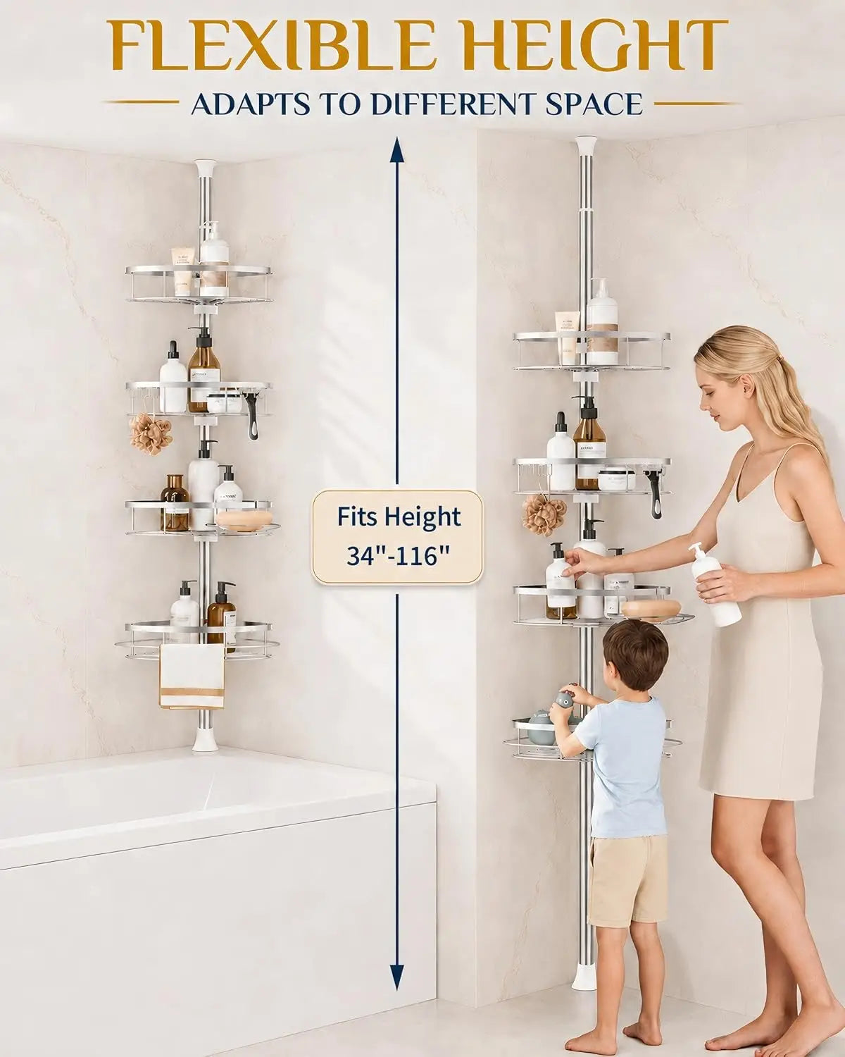 Adjustable Corner Shower Caddy, Rust-Resistant Tension Pole Organizer with Four Shelves for Shampoo and Bathroom Accessories - product view 3