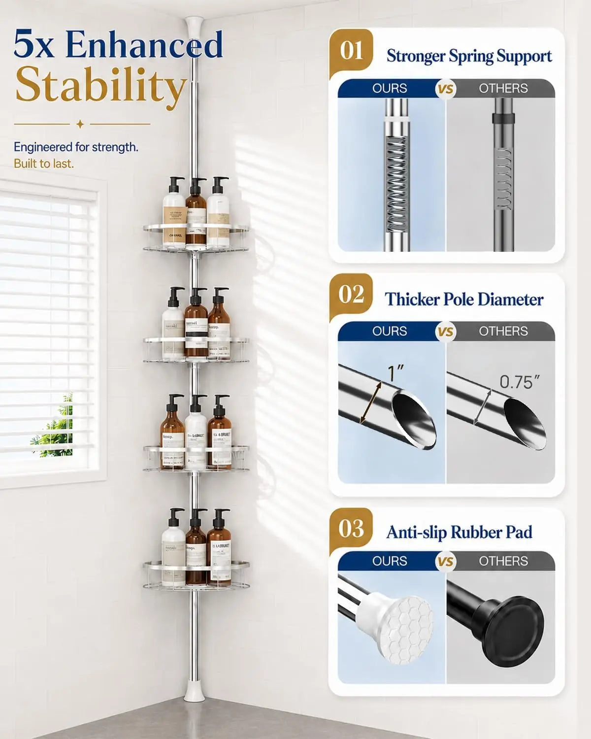Adjustable Corner Shower Caddy, Rust-Resistant Tension Pole Organizer with Four Shelves for Shampoo and Bathroom Accessories - product view 4