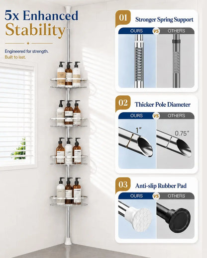 Adjustable Corner Shower Caddy, Rust-Resistant Tension Pole Organizer with Four Shelves for Shampoo and Bathroom Accessories - product view 4