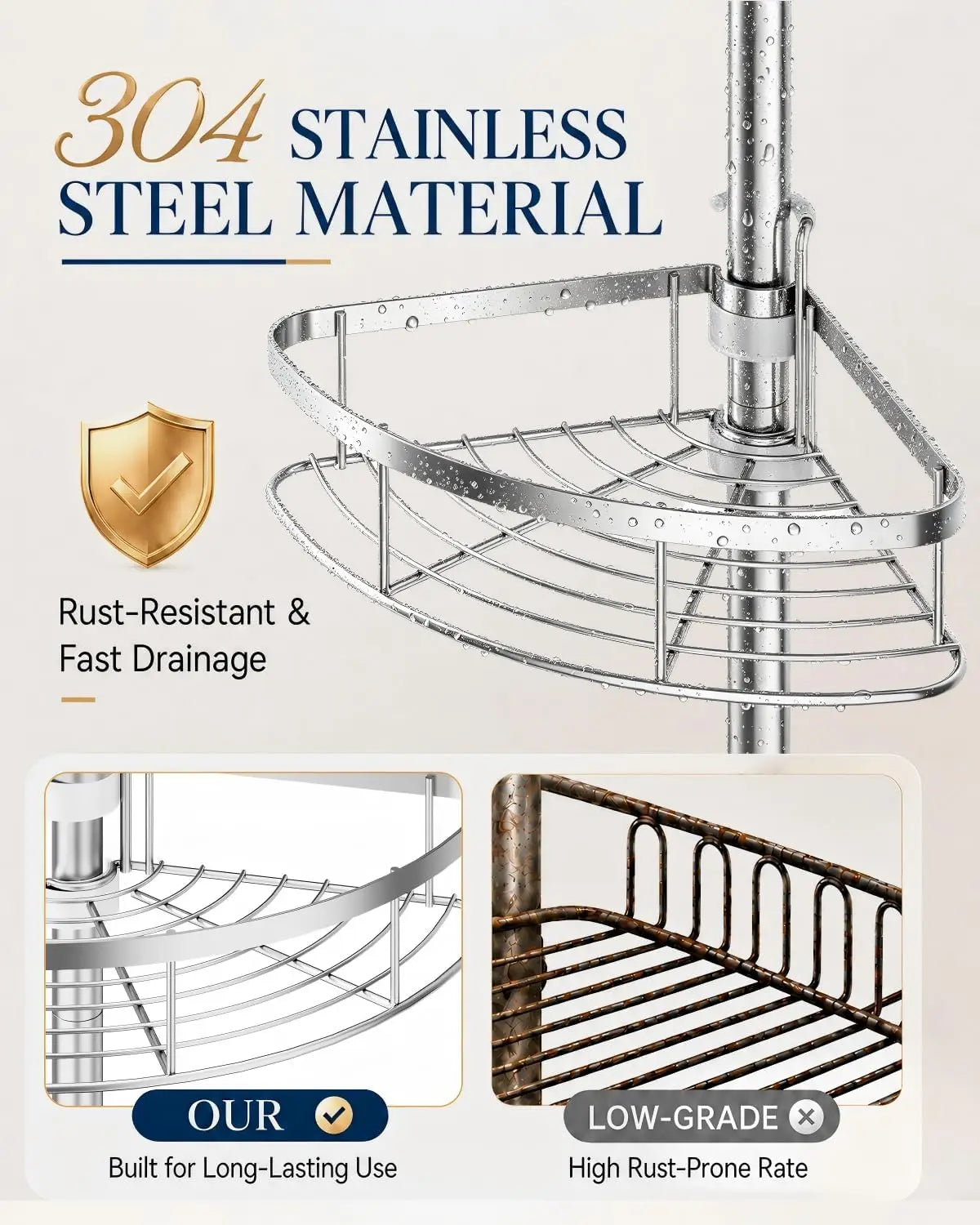 Adjustable Corner Shower Caddy, Rust-Resistant Tension Pole Organizer with Four Shelves for Shampoo and Bathroom Accessories - product view 5