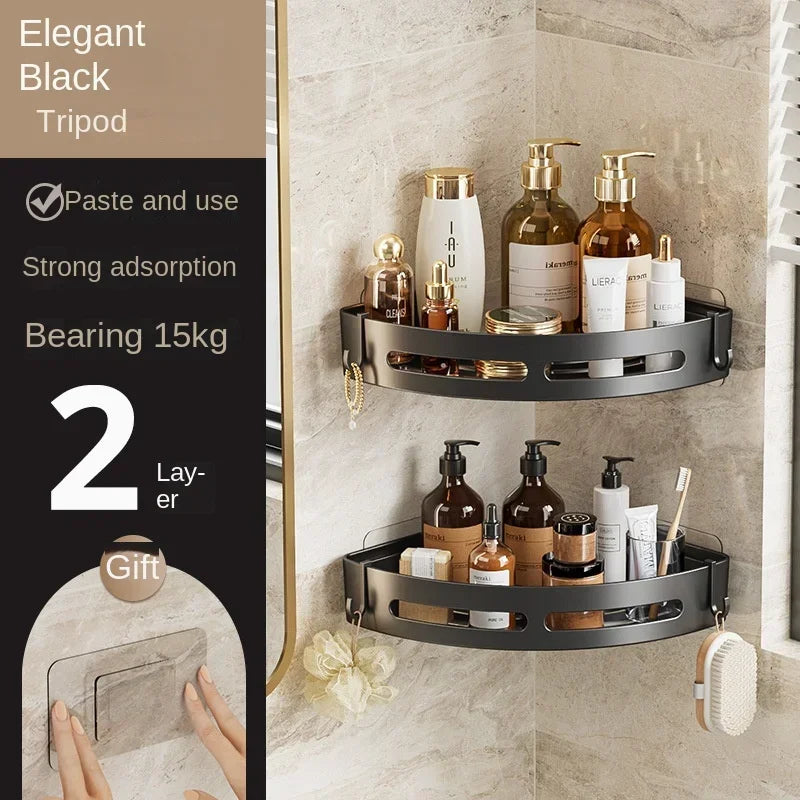 2-Piece Corner Shower Shelf Set with Adhesive Patches and Double Hooks, Wall Bathroom Storage for Shampoo - product view 1