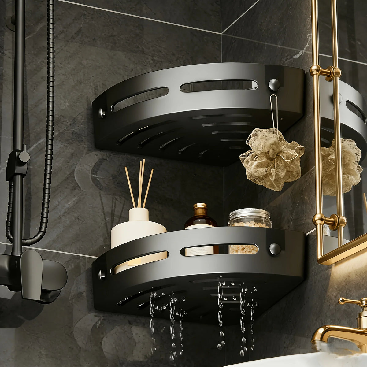 2-Piece Corner Shower Shelf Set with Adhesive Patches and Double Hooks, Wall Bathroom Storage for Shampoo - product view 3