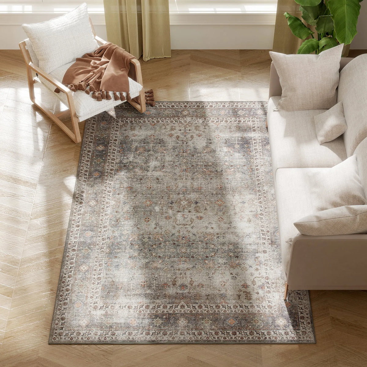 Boho Floral Area Rug, Machine-Made 100% Polyester Rectangle with Rubber Backing for Living Room and Bedroom Décor - product view 2