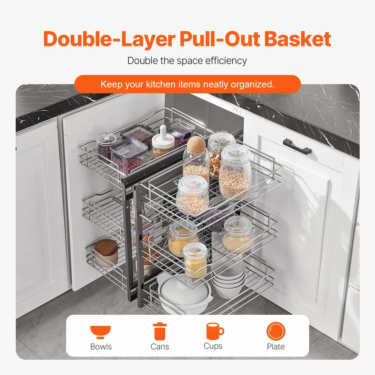 Pull-Out Cabinet Organizer, Stainless Steel Kitchen Storage, Self-Contained Installation, 2-Layer or 3-Layer Options - product view 4