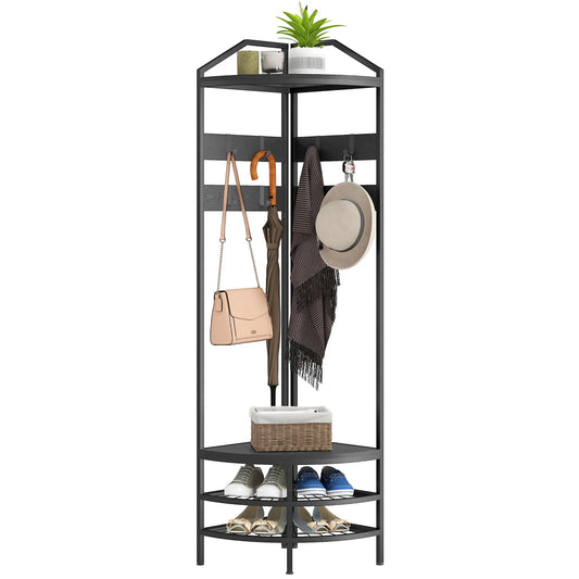 Corner Entryway Coat Rack with Shoe Storage, 8 Movable Hooks, 2 Shelves and 2-Tier Freestanding Hallway Organizer - product view 1