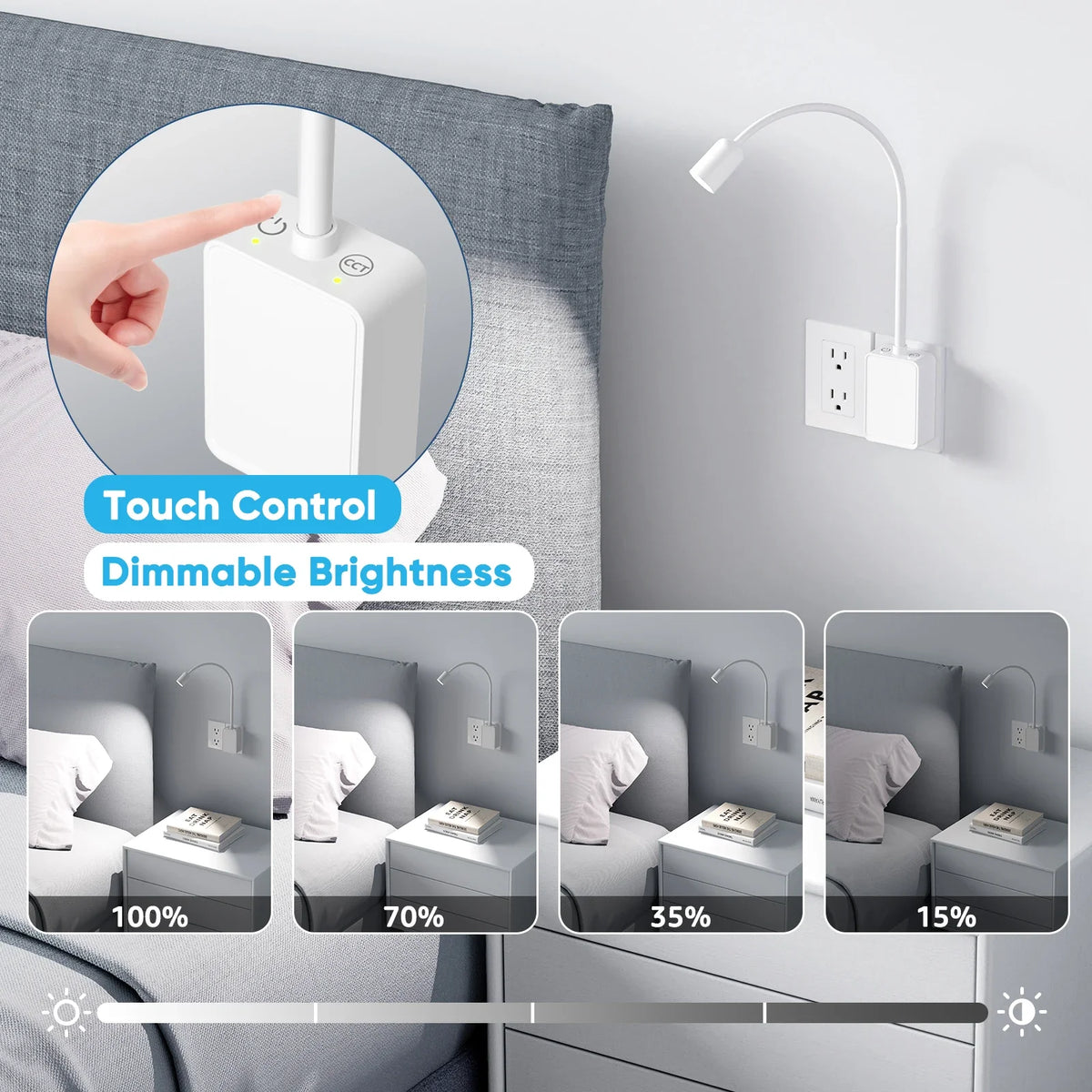 Plug-In LED Wall Sconce, Touch Dimmable Reading Light, 4 Brightness Levels, 3 Color Temperatures, 4W - product view 5