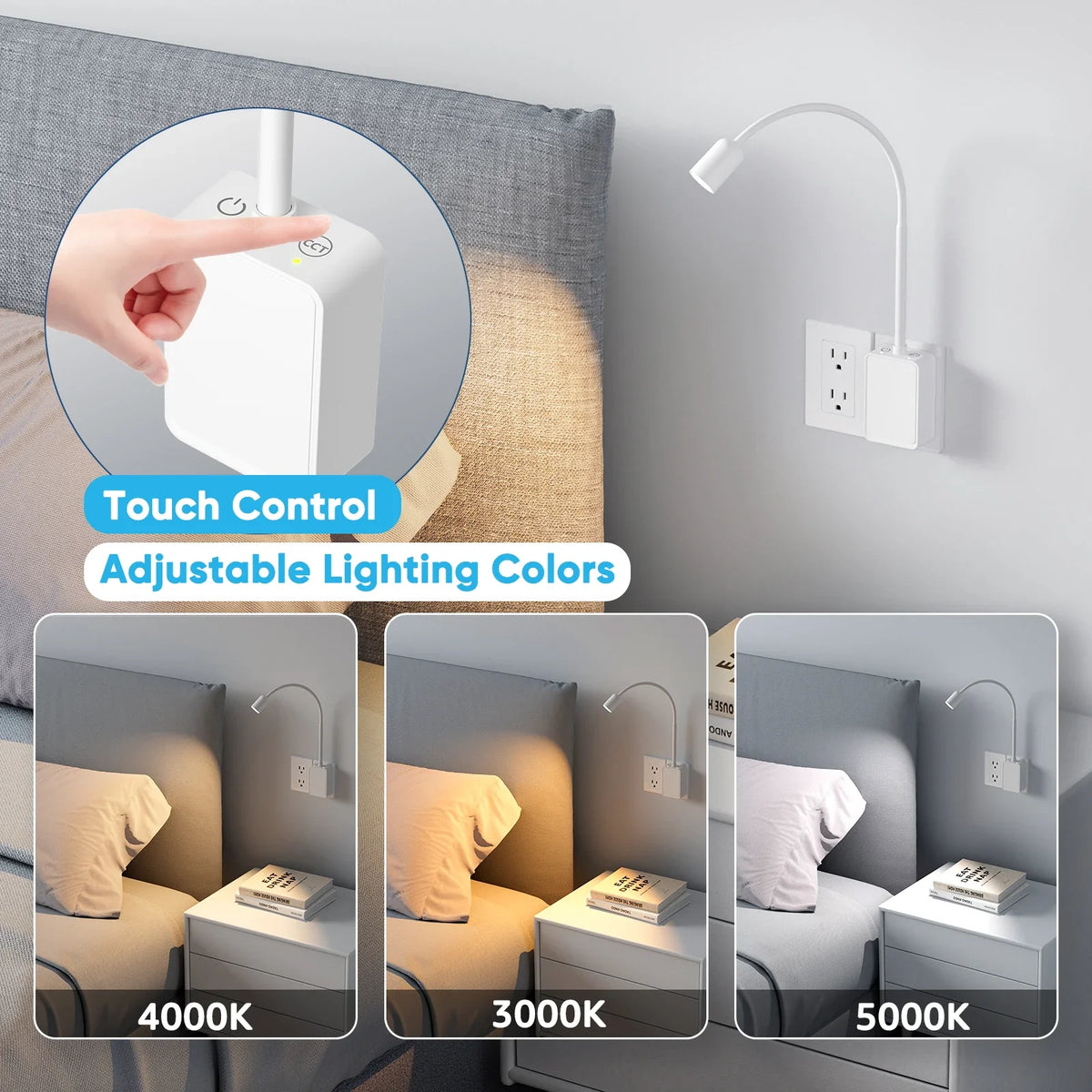Plug-In LED Wall Sconce, Touch Dimmable Reading Light, 4 Brightness Levels, 3 Color Temperatures, 4W - product view 6