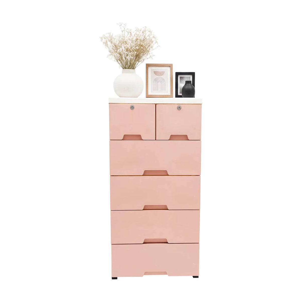 Pink Drawer Organizer Cabinet, Rolling Plastic Storage Unit with Wheels, Lockable Drawers, 25 kg Capacity, 50 × 35 × 102 cm - product view 1