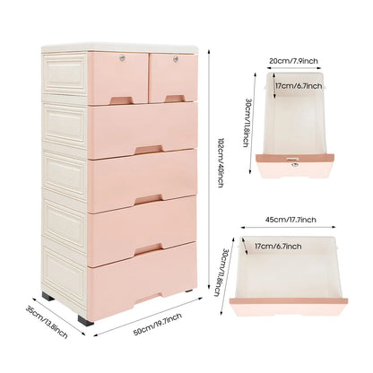 Pink Drawer Organizer Cabinet, Rolling Plastic Storage Unit with Wheels, Lockable Drawers, 25 kg Capacity, 50 × 35 × 102 cm - product view 2