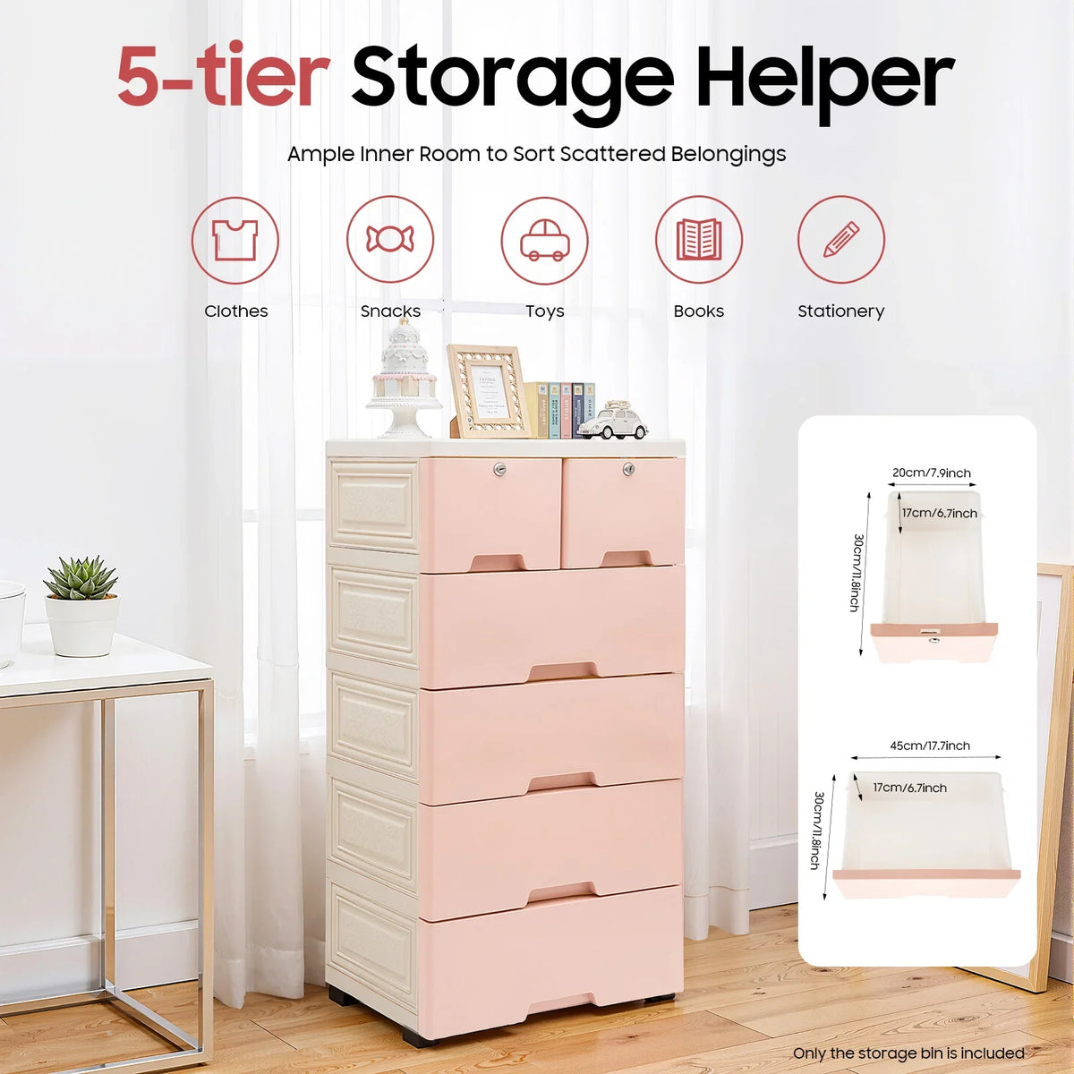 Pink Drawer Organizer Cabinet, Rolling Plastic Storage Unit with Wheels, Lockable Drawers, 25 kg Capacity, 50 × 35 × 102 cm - product view 3
