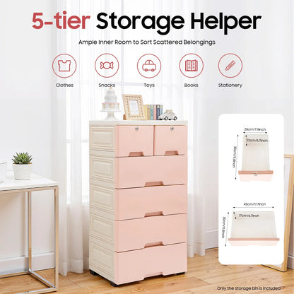 Pink Drawer Organizer Cabinet, Rolling Plastic Storage Unit with Wheels, Lockable Drawers, 25 kg Capacity, 50 × 35 × 102 cm - product view 3