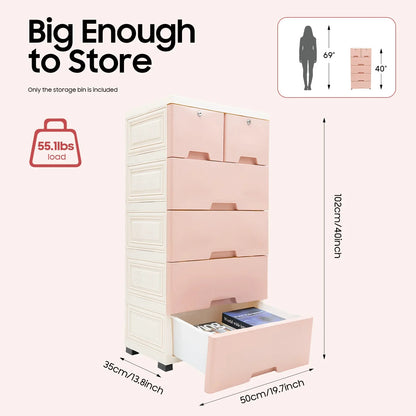 Pink Drawer Organizer Cabinet, Rolling Plastic Storage Unit with Wheels, Lockable Drawers, 25 kg Capacity, 50 × 35 × 102 cm - product view 4