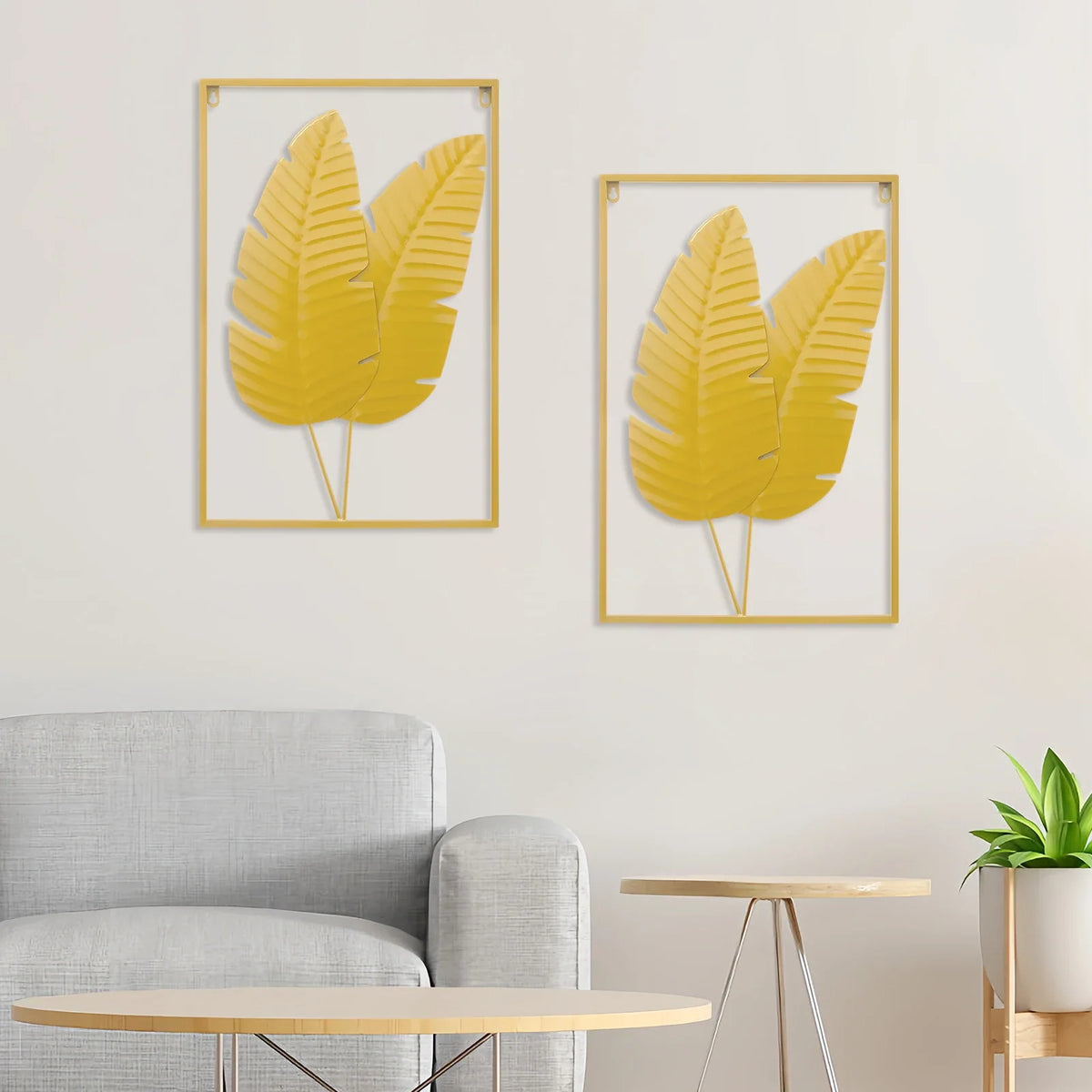 Set of 2 Gold Begonia Leaf Wall Sculptures, Iron Rectangular Relief Art, 41 × 61 cm Indoor Hanging Décor - product view 2