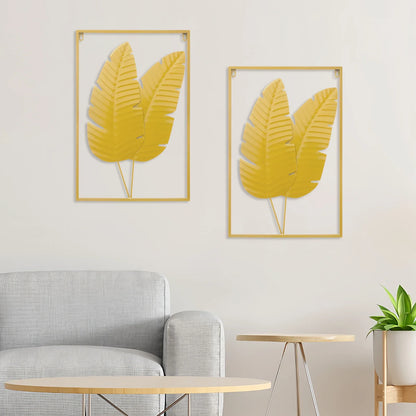 Set of 2 Gold Begonia Leaf Wall Sculptures, Iron Rectangular Relief Art, 41 × 61 cm Indoor Hanging Décor - product view 2
