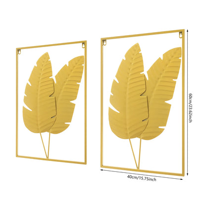 Set of 2 Gold Begonia Leaf Wall Sculptures, Iron Rectangular Relief Art, 41 × 61 cm Indoor Hanging Décor - product view 4