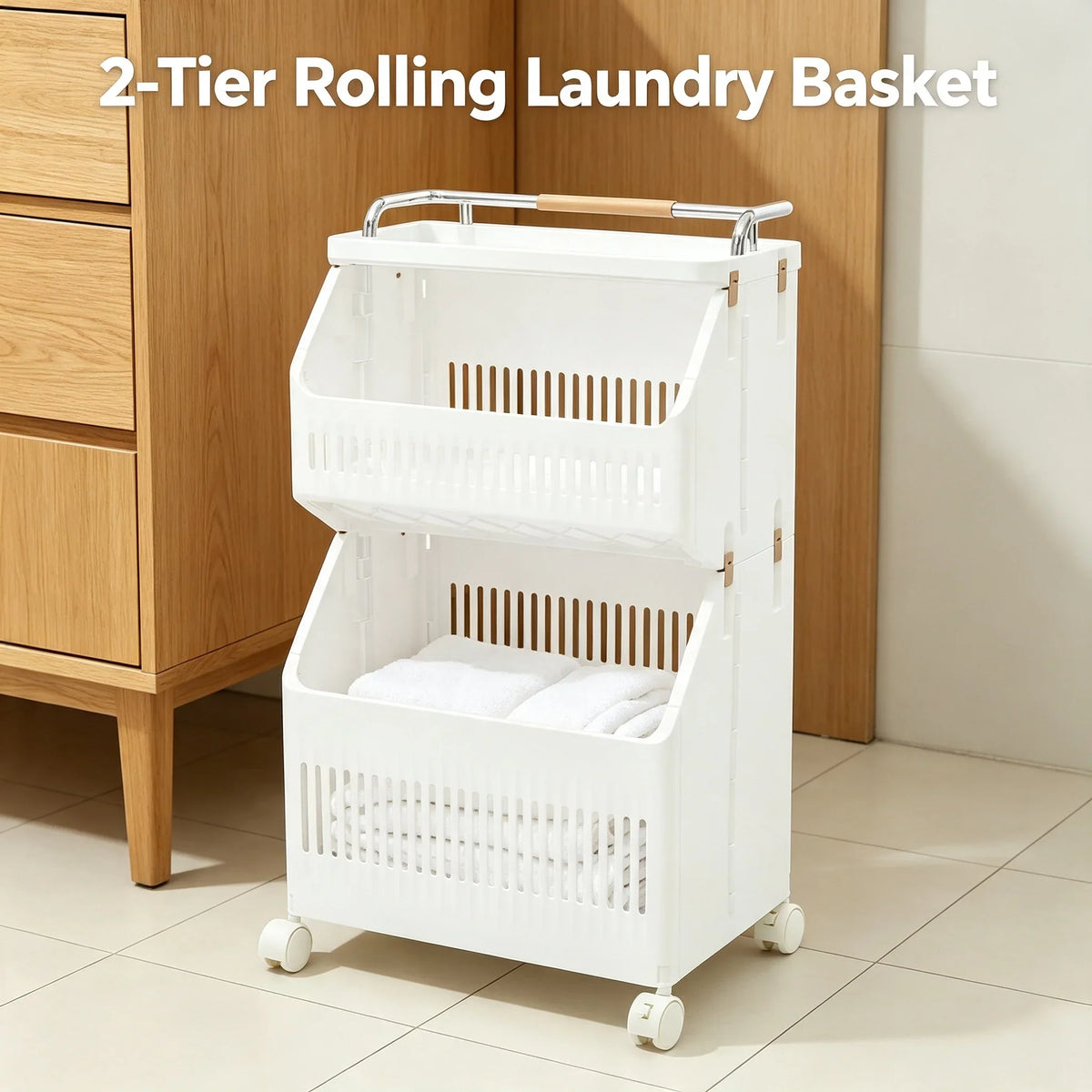 2-Tier Rolling Laundry Basket, Collapsible Clothes Hamper with 4 Wheels, 2 Brakes, PP Body and Narrow Design - product view 1