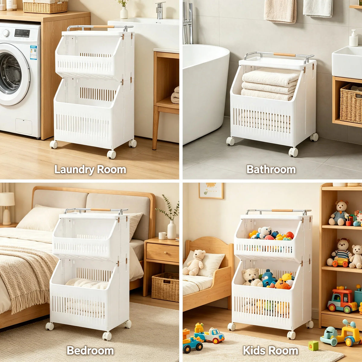 2-Tier Rolling Laundry Basket, Collapsible Clothes Hamper with 4 Wheels, 2 Brakes, PP Body and Narrow Design - product view 2