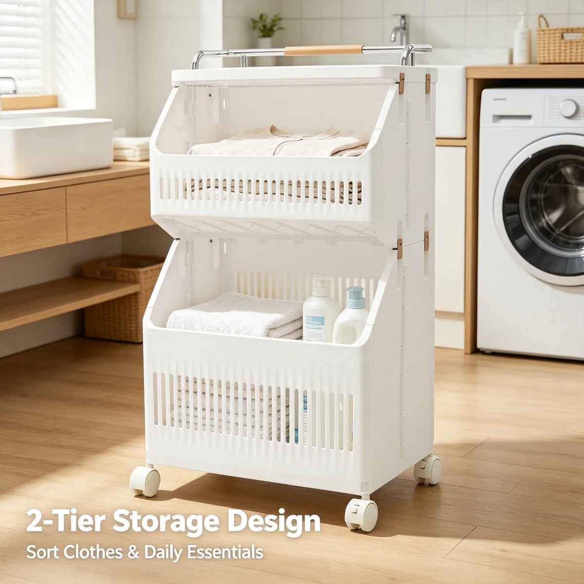 2-Tier Rolling Laundry Basket, Collapsible Clothes Hamper with 4 Wheels, 2 Brakes, PP Body and Narrow Design - product view 3